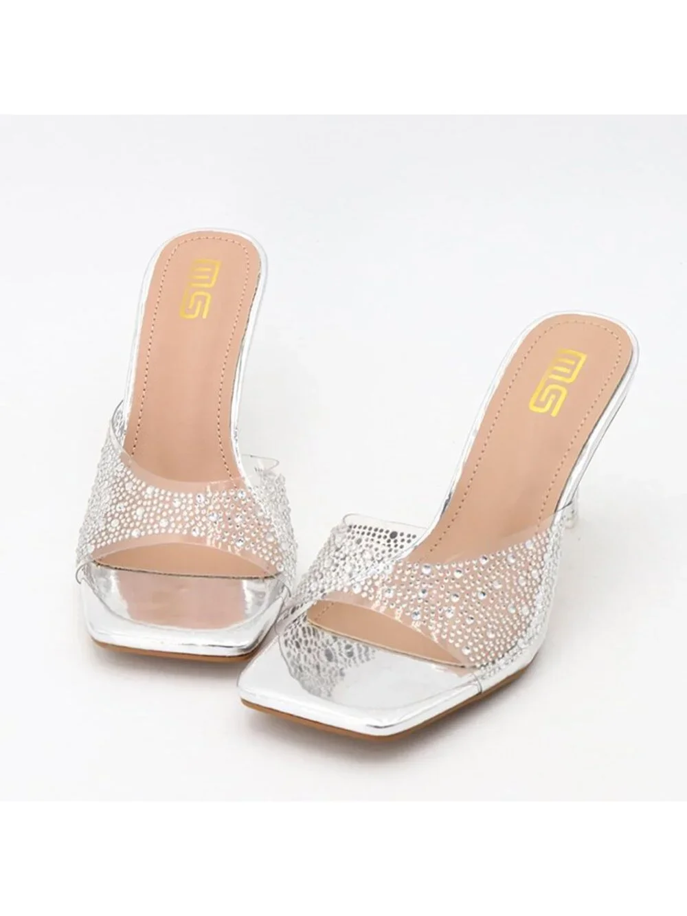 Women's Silver Rhinestone Stiletto Square Open Toe Backless High Heel Sandals